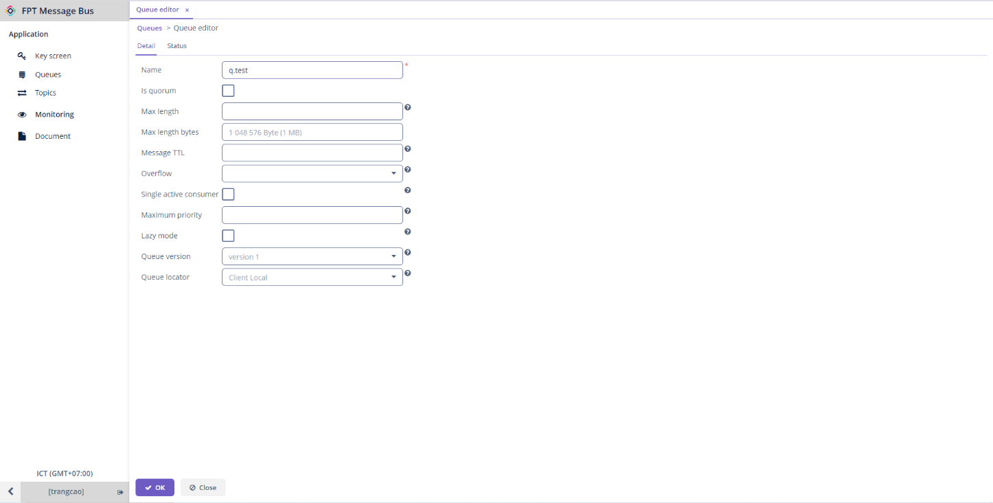 Form tạo queue với các trường Name, Max length, Message TTL, Overflow