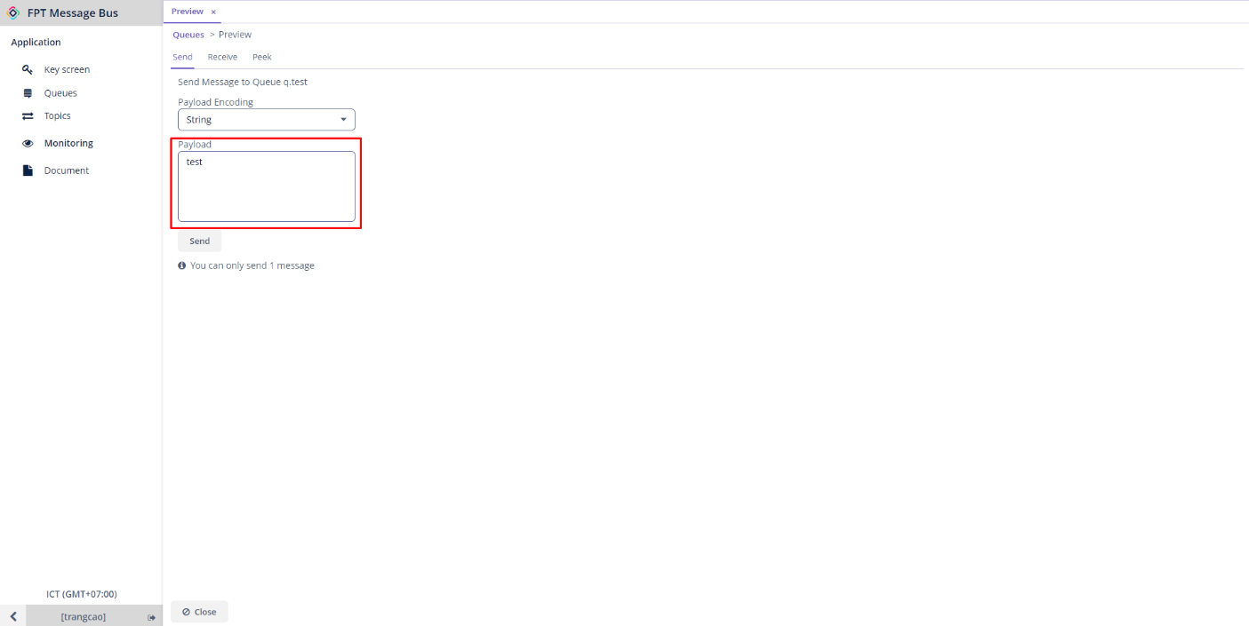 Tab Send với ô Payload để nhập nội dung message