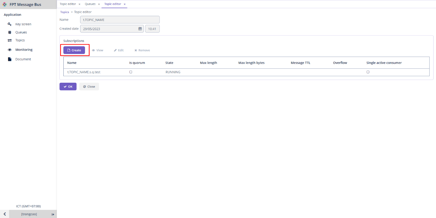 Màn hình Edit topic với nút Create trong phần Subscriptions