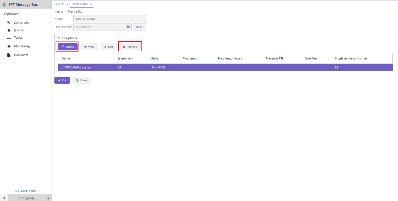 Màn hình Edit topic hiển thị danh sách subscriptions có thể thêm hoặc xóa