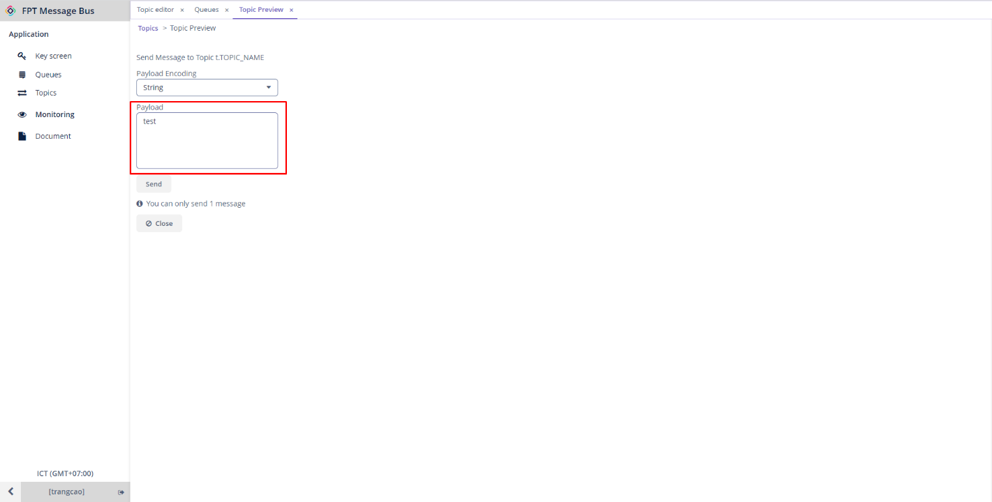 Tab Send với ô Payload để nhập nội dung message cần publish