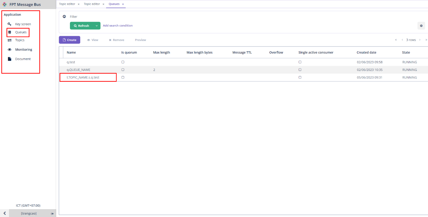 Màn hình danh sách queues, chọn subscription và nhấn Preview